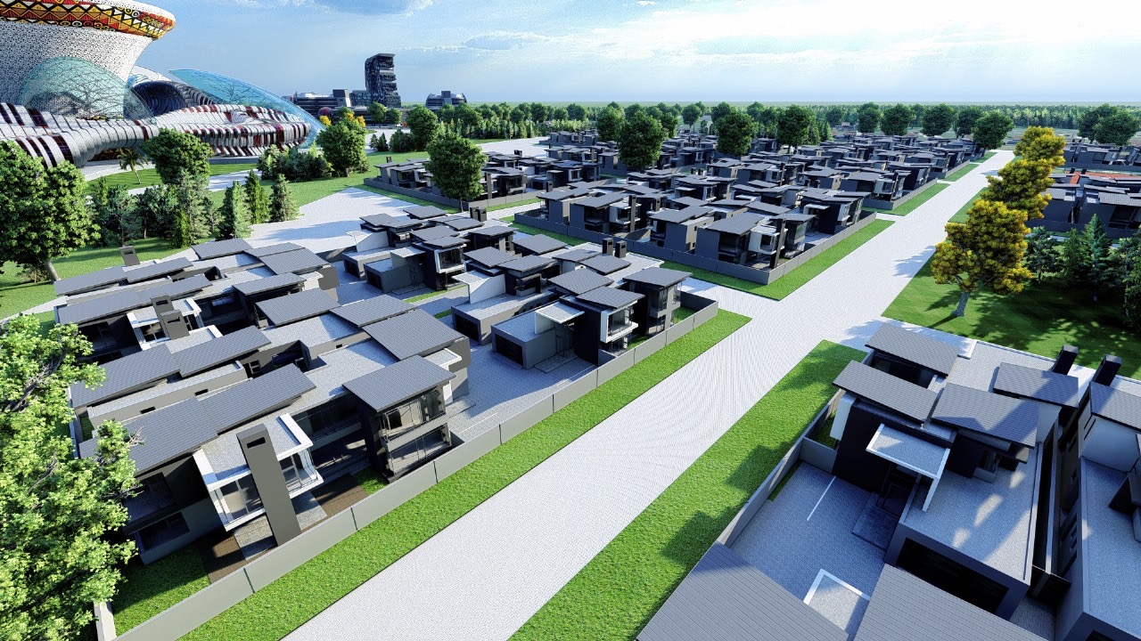 Contemporary dark-roofed estates with the civic precinct beyond