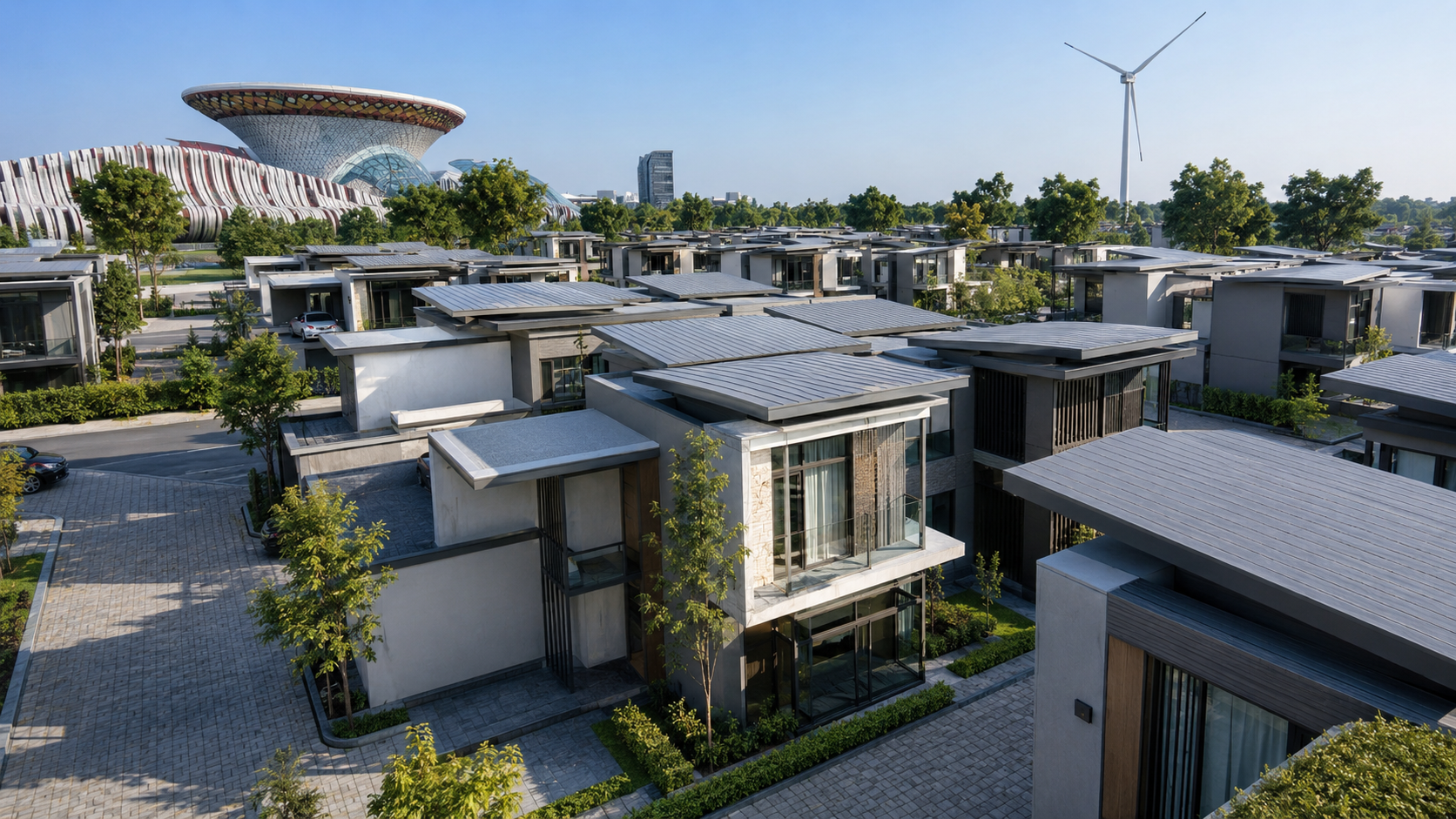 Aerial render of Philippine City homes with civic buildings beyond