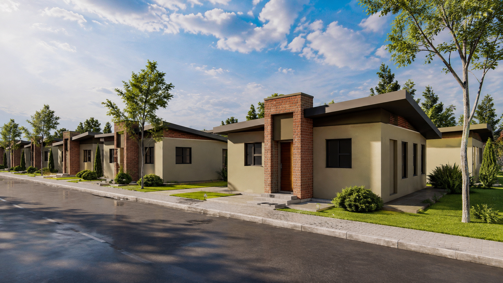 Render of single-storey homes on a landscaped street