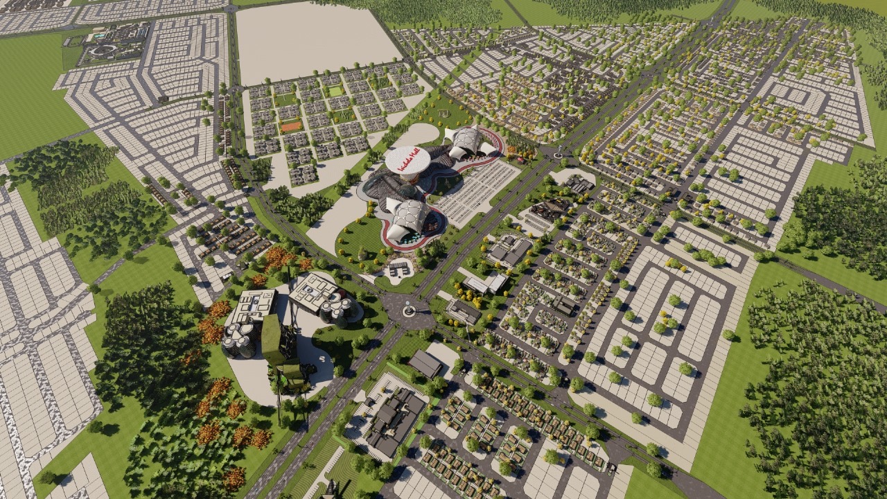 Full masterplan seen from above with the retail heart at centre