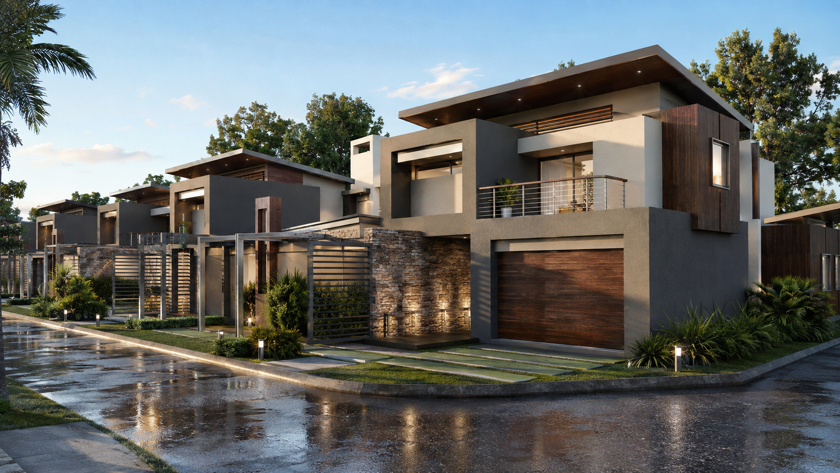 Architectural render of contemporary homes along a Philippine City street