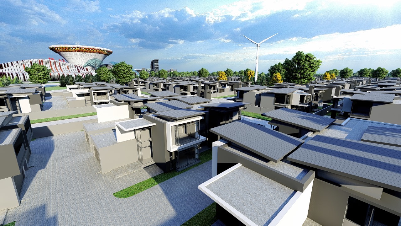 Wind turbine rising above contemporary rooflines