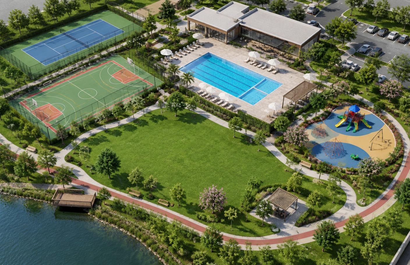 Concept illustration of a recreational facility with pool and courts