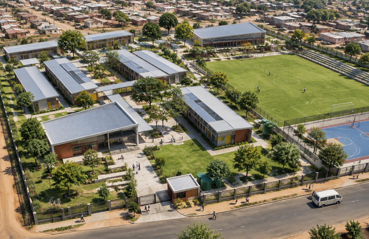 Concept illustration of a landscaped school campus