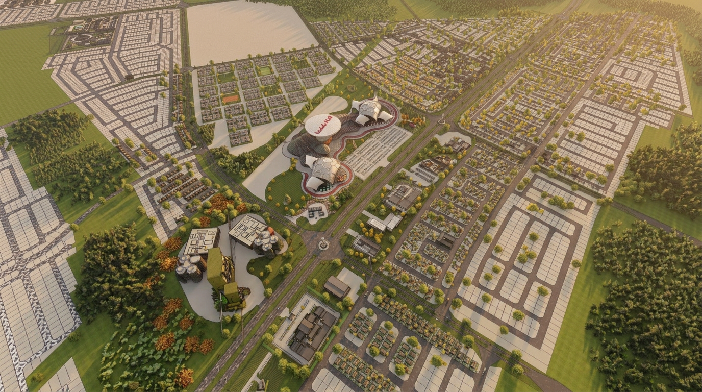 Aerial render of Philippine City's stadium, residential neighbourhoods and green spaces